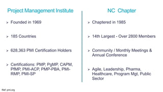 Project Management Institute
 Founded in 1969
 185 Countries
 628,363 PMI Certification Holders
 Certifications: PMP, PgMP, CAPM,
PfMP, PMI-ACP, PMP-PBA, PMI-
RMP, PMI-SP
 Chaptered in 1985
 14th Largest - Over 2800 Members
 Community / Monthly Meetings &
Annual Conference
 Agile, Leadership, Pharma,
Healthcare, Program Mgt, Public
Sector
NC Chapter
Ref: pmi.org
 