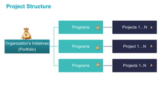 Project Structure
Organization’s Initiatives
(Portfolio)
Programs Projects 1…N
Programs Project 1…N
Programs Projects 1..N
 