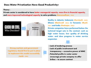 Strong markets and government
regulatory should first be put in place
to implement this model successfully
(Larbi, 1998).
Theory :
Private sector is considered to have better managerial capacity, more firm in financial capacity,
and more improved technological capacity to solve problems (Ramanadham, 1994)
Reality in Jakarta, Indonesia (Kurniasih, 2008),
Ghana (Blackwell, 2002), in Tanzania (Mushi,
2007) and India (Pankajan, 2006):
Private companies have performed below the
technical target sets in the contract, such as
high water losses, low quality of drinking
water, and slow progress in water service
expansion
● Lack of tendering process
● Lack of public involvement and
transparency – excessive power of MNC
● Potential profits in water sector
encourage private company to offer
bribes – to secure contract
Does Water Privatisation Have Good Productivity?
 