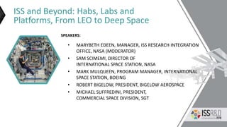 ISS and Beyond: Habs, Labs and
Platforms, From LEO to Deep Space
• MARYBETH EDEEN, MANAGER, ISS RESEARCH INTEGRATION
OFFICE, NASA (MODERATOR)
• SAM SCIMEMI, DIRECTOR OF
INTERNATIONAL SPACE STATION, NASA
• MARK MULQUEEN, PROGRAM MANAGER, INTERNATIONAL
SPACE STATION, BOEING
• ROBERT BIGELOW, PRESIDENT, BIGELOW AEROSPACE
• MICHAEL SUFFREDINI, PRESIDENT,
COMMERCIAL SPACE DIVISION, SGT
SPEAKERS:
 