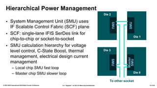 2.4: “Zeppelin”: an SoC for Multi-chip Architectures© 2018 IEEE International Solid-State Circuits Conference 12 of 29
Hierarchical Power Management
▪ System Management Unit (SMU) uses
IF Scalable Control Fabric (SCF) plane
▪ SCF: single-lane IFIS SerDes link for
chip-to-chip or socket-to-socket
▪ SMU calculation hierarchy for voltage
level control, C-State Boost, thermal
management, electrical design current
management
– Local chip SMU fast loop
– Master chip SMU slower loop
Die 2
Die 1
Die 3
Die 0
SMU
SMU
SMU
Master
SMU
To other socket
 