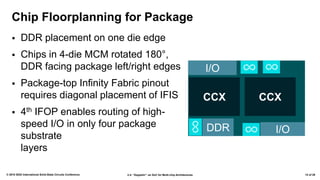 2.4: “Zeppelin”: an SoC for Multi-chip Architectures© 2018 IEEE International Solid-State Circuits Conference 14 of 29
Chip Floorplanning for Package
▪ DDR placement on one die edge
▪ Chips in 4-die MCM rotated 180°,
DDR facing package left/right edges
▪ Package-top Infinity Fabric pinout
requires diagonal placement of IFIS
▪ 4th IFOP enables routing of high-
speed I/O in only four package
substrate
layers
I/O
CCX CCX
DDR I/O
 