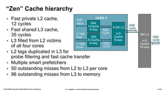 2.4: “Zeppelin”: an SoC for Multi-chip Architectures© 2018 IEEE International Solid-State Circuits Conference 7 of 29
▪ Fast private L2 cache,
12 cycles
▪ Fast shared L3 cache,
35 cycles
▪ L3 filled from L2 victims
of all four cores
▪ L2 tags duplicated in L3 for
probe filtering and fast cache transfer
▪ Multiple smart prefetchers
▪ 50 outstanding misses from L2 to L3 per core
▪ 96 outstanding misses from L3 to memory
“Zen” Cache hierarchy
32B
fetch
32B/
cycle
CORE 0
32B/
cycle
2*16B
load
8M L3
I+D
Cache
16-way
32K
D-Cache
8-way
64K
I-Cache
4-way
512K L2
I+D
Cache
8-way
1*16B
store
32B/
cycle
32B/
cycle
 