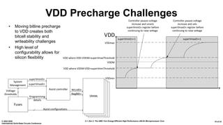 2.1: Zen 2: The AMD 7nm Energy-Efficient High-Performance x86-64 Microprocessor Core© 2020 IEEE
International Solid-State Circuits Conference
19 of 33
• Moving bitline precharge
to VDD creates both
bitcell stability and
writeability challenges
• High level of
configurability allows for
silicon flexibility
VDD Precharge Challenges
SRAMSRAMSRAMSRAMs
WLUdEn
NegBlEn
Assist configurations
Fuses
Assist controller
System
Management
Programming
details
superVminEn
superVmaxEn
Voltage
thresholds
superVmaxEn=1superVminEn=1
VDDM
VDDmax
VDDmin
VDD
Controller pauses voltage
increase and unsets
superVminEn register before
continuing to raise voltage
Controller pauses voltage
increase and sets
superVmaxEn register before
continuing to raise voltage
VDD where VDDM-VDD=superVminThreshold
VDD where VDD-VDDM=superVmaxThreshold
 