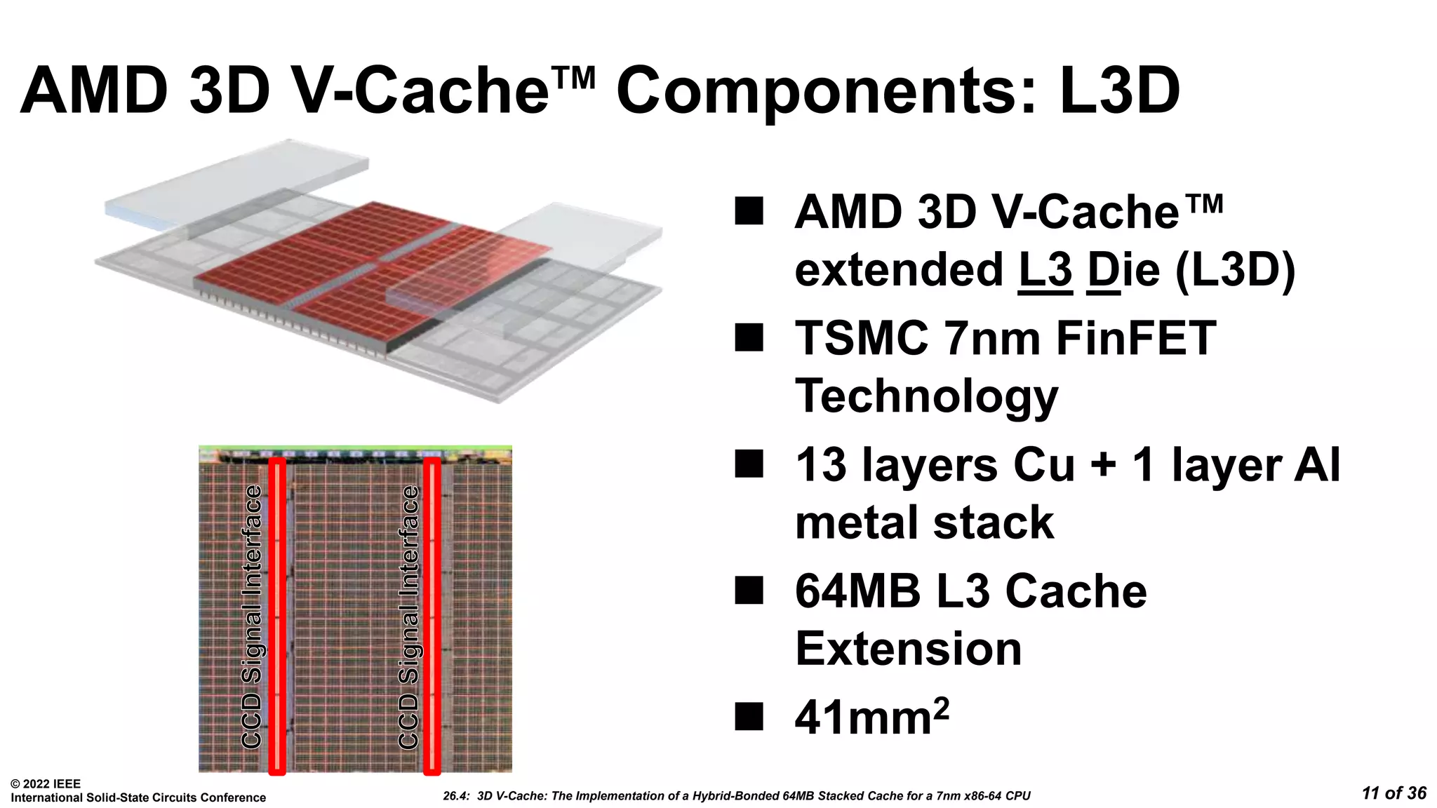 26.4: 3D V-Cache: The Implementation of a Hybrid-Bonded 64MB Stacked Cache for a 7nm x86-64 CPU
© 2022 IEEE
International Solid-State Circuits Conference 11 of 36
AMD 3D V-CacheTM
Components: L3D
 AMD 3D V-Cache™
extended L3 Die (L3D)
 TSMC 7nm FinFET
Technology
 13 layers Cu + 1 layer Al
metal stack
 64MB L3 Cache
Extension
 41mm2
 