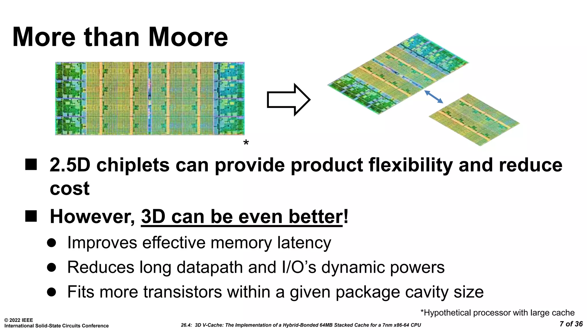 26.4: 3D V-Cache: The Implementation of a Hybrid-Bonded 64MB Stacked Cache for a 7nm x86-64 CPU
© 2022 IEEE
International Solid-State Circuits Conference 7 of 36
More than Moore
 2.5D chiplets can provide product flexibility and reduce
cost
 However, 3D can be even better!
 Improves effective memory latency
 Reduces long datapath and I/O’s dynamic powers
 Fits more transistors within a given package cavity size
*Hypothetical processor with large cache
*
 