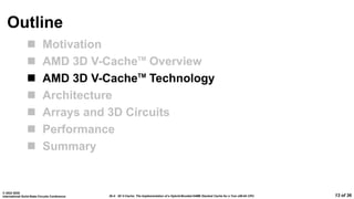 26.4: 3D V-Cache: The Implementation of a Hybrid-Bonded 64MB Stacked Cache for a 7nm x86-64 CPU
© 2022 IEEE
International Solid-State Circuits Conference 13 of 36
Outline
 Motivation
 AMD 3D V-CacheTM
Overview
 AMD 3D V-CacheTM
Technology
 Architecture
 Arrays and 3D Circuits
 Performance
 Summary
 