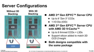 26.4: 3D V-Cache: The Implementation of a Hybrid-Bonded 64MB Stacked Cache for a 7nm x86-64 CPU
© 2022 IEEE
International Solid-State Circuits Conference 17 of 36
Server Configurations
 AMD 3rd Gen EPYC™ Server CPU
 Up to 8 "Zen 3" CCDs
 1 I/O Die (IOD)
 AMD 3rd Gen EPYC™ Server CPU
with AMD 3D V-Cache™
 Up to 8 thinned CCDs + L3Ds
 Support silicon added to match 2D
CCD Z-height
 Both designs compatible with
the same package
Support Silicon
CCD
With 3D
Stacking
Without 3D
Stacking
CCD CCD
IOD IOD
 