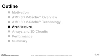 26.4: 3D V-Cache: The Implementation of a Hybrid-Bonded 64MB Stacked Cache for a 7nm x86-64 CPU
© 2022 IEEE
International Solid-State Circuits Conference 18 of 36
Outline
 Motivation
 AMD 3D V-CacheTM
Overview
 AMD 3D V-CacheTM
Technology
 Architecture
 Arrays and 3D Circuits
 Performance
 Summary
 