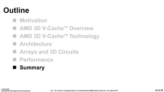 26.4: 3D V-Cache: The Implementation of a Hybrid-Bonded 64MB Stacked Cache for a 7nm x86-64 CPU
© 2022 IEEE
International Solid-State Circuits Conference 32 of 36
Outline
 Motivation
 AMD 3D V-CacheTM
Overview
 AMD 3D V-CacheTM
Technology
 Architecture
 Arrays and 3D Circuits
 Performance
 Summary
 
