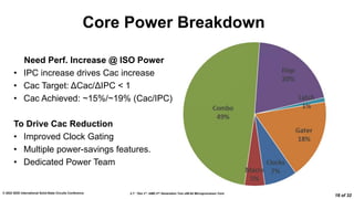 2.7: “Zen 3”: AMD 2nd Generation 7nm x86-64 Microprocessor Core
© 2022 IEEE International Solid-State Circuits Conference
18 of 32
Core Power Breakdown
Need Perf. Increase @ ISO Power
• IPC increase drives Cac increase
• Cac Target: ΔCac/ΔIPC < 1
• Cac Achieved: ~15%/~19% (Cac/IPC)
To Drive Cac Reduction
• Improved Clock Gating
• Multiple power-savings features.
• Dedicated Power Team
 