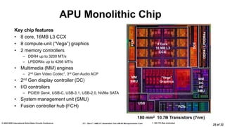 2.7: “Zen 3”: AMD 2nd Generation 7nm x86-64 Microprocessor Core
© 2022 IEEE International Solid-State Circuits Conference
25 of 32
APU Monolithic Chip
Key chip features
• 8 core, 16MB L3 CCX
• 8 compute-unit (“Vega”) graphics
• 2 memory controllers
– DDR4 up to 3200 MT/s
– LPDDR4x up to 4266 MT/s
• Multimedia (MM) engines
– 2nd Gen Video Codec1, 3rd Gen Audio ACP
• 2nd Gen display controller (DC)
• I/O controllers
– PCIE® Gen4, USB-C, USB-3.1, USB-2.0, NVMe SATA
• System management unit (SMU)
• Fusion controller hub (FCH)
180 mm2 10.7B Transistors (7nm)
8 Core
16 MB L3
CCX
“Vega”
Graphics
DDR4
/
LPDDR4x
USB
PCIe
MM
DC
I/O
SMU
MM
SMU
1. GD-176 (See endnotes)
FCH
DCE
 