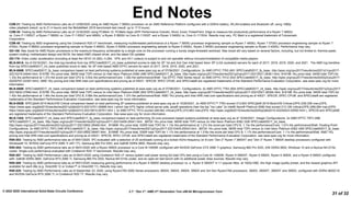 2.7: “Zen 3”: AMD 2nd Generation 7nm x86-64 Microprocessor Core
© 2022 IEEE International Solid-State Circuits Conference
31 of 32
End Notes
CZM-31: Testing by AMD Performance Labs as of 12/08/2020 using an AMD Ryzen 7 5800U processor on an AMD Reference Platform configured with a 53WHr battery, WLAN enabled and Bluetooth off, using 1080p
video playback (result: up to 21.4 hours) and the MobileMark 2018 benchmark test (result: up to 17.5 hours).
CZM-38: Testing by AMD Performance Labs as of 12/30/2020 using PCMark 10, PCMark Apps (APP Performance Overall), Word, Excel, PowerPoint, Edge to measure the productivity performance of a Ryzen 7 4800U
vs. Core i7-1165G7; a Ryzen 7 5800U vs. Core i7-1165G7 and 4800U; a Ryzen 5 5600U vs Core i5-113G57; and a Ryzen 3 5400U vs. Core i3-1115G4. Results may vary. PC Mark is a registered trademark of Futuremark
Corporation.
CZM-48: Testing by AMD engineering using the Cinebench R20 nT benchmark, measuring multithreaded performance of a Ryzen 7 5800U processor engineering sample vs Ryzen 7 4800U, Ryzen 7 5700U processor engineering sample vs Ryzen 7
4700U, Ryzen 5 5600U processor engineering sample vs Ryzen 5 4600U, Ryzen 5 5500U processor engineering sample vs Ryzen 5 4500U, Ryzen 3 5400U processor engineering sample vs Ryzen 3 4300U. Performance may vary.
GD-150: Max boost for AMD Ryzen processors is the maximum frequency achievable by a single core on the processor running a bursty single-threaded workload. Max boost will vary based on several factors, including, but not limited to: thermal paste;
system cooling; motherboard design and BIOS; the latest AMD chipset driver; and the latest OS updates.
GD-176: Video codec acceleration (including at least the HEVC (H.265), H.264, VP9, and AV1 codecs) is subject to and not operable without inclusion/installation of compatible media players.
MLN-061A: As of 03/16/2021, the Intel log trendline from top SPECrate®2017_int_base published scores to date for 2P 1st and 2nd Gen Intel based Xeon SP (LGA socketed) servers for each of 2017, 2018, 2019, 2020, and 2021. The AMD log trendline
from top SPECrate®2017_int_base published score to date, for 2P Intel based AMD EPYC servers for each of 2017, 2018, 2019, 2020, and 2021.
MLN-086B: SPECrate®2017_fp_base comparison based on best performing systems published at www.spec.org as of 07/06/2021. Configurations: 2x AMD EPYC 7763 (651 SPECrate®2017_fp_base, http://spec.org/cpu2017/results/res2021q1/cpu2017-
20210219-24944.html, $15780 1Ku price total, 560W total TDP) versus 2x Intel Xeon Platinum 8380 (489 SPECrate®2017_fp_base, http://spec.org/cpu2017/results/res2021q2/cpu2017-20210521-26361.html, $16198 1Ku price total, 540W total TDP) for
1.33x the performance at 1.37x the score per total CPU $; 0.83x the performance/Core; 1.28x the performance/Watt. Top EPYC 7002 Series result: 2x AMD EPYC 7H12 (543 SPECrate®2017_fp_base, http://spec.org/cpu2017/results/res2020q3/cpu2017-
20200707-23397.html). AMD 1Ku pricing and Intel ARK.intel.com specifications and pricing as of 4/6/21. SPEC®, SPEC CPU®, and SPECrate® are registered trademarks of the Standard Performance Evaluation Corporation. see www.spec.org for more
information.
MLN-088B: SPECrate®2017_int_base comparison based on best performing systems published at www.spec.org as of 07/06/2021. Configurations: 2x AMD EPYC 7763 (854 SPECrate®2017_int_base, http://spec.org/cpu2017/results/res2021q3/cpu2017-
20210622-27664.html, $15780 1Ku price total, 560W total TDP) versus 2x Intel Xeon Platinum 8380 (602 SPECrate®2017_int_base, http://spec.org/cpu2017/results/res2021q2/cpu2017-20210521-26364.html, $16198 1Ku price total, 540W total TDP) for
1.42x the performance at 1.46x the score per total CPU $; 0.89x the performance/Core; 1.37x the performance/Watt. AMD 1Ku pricing and Intel ARK.intel.com specifications and pricing as of 4/6/21. SPEC®, SPEC CPU®, and SPECrate® are registered
trademarks of the Standard Performance Evaluation Corporation. see www.spec.org for more information.
MLN-092B: SPECjbb® 2015-MultiJVM Critical comparison based on best performing 2P systems published at www.spec.org as of 10/26/2021, 2x AMD EPYC™ 7763 scored 313,824 SPECjbb® 2015-MultiJVM Critical-jOPS (339,338 max-jOPS,
https://www.spec.org/jbb2015/results/res2021q3/jbb2015-20210701-00688.html ) which has 47% higher critical server-side Java® operations than the top “Ice Lake” 2x Intel® Xeon® Platinum 8380 that scored 213,195 critical-jOPS (269,094 max-jOPS,
https://www.spec.org/jbb2015/results/res2021q3/jbb2015-20210810-00701.html ). 2x AMD EPYC 7H12 scored 248,942 critical-jOPS (315,663 max-jOPS, http://spec.org/jbb2015/results/res2020q2/jbb2015-20200423-00550.html ). SPEC® and SPECjbb®
are registered trademarks of the Standard Performance Evaluation Corporation. See www.spec.org for more information.
MLN-120A: SPECrate®2017_int_base and SPECrate®2017_fp_base comparison based on best performing 32-core processor-based systems published at www.spec.org as of 10/26/2021. Integer Configurations: 2x AMD EPYC 75F3 (596
SPECrate®2017_int_base, http://spec.org/cpu2017/results/res2021q2/cpu2017-20210409-25541.html , $9720 1Ku price total, 560W total TDP) versus 2x Intel Xeon Platinum 8362 (526 SPECrate®2017_int_base,
http://spec.org/cpu2017/results/res2021q3/cpu2017-20210802-28469.html , $10896 1Ku price total, 530W total TDP) for 1.13x the performance at 1.27x the score per total CPU $; 1.13x the performance/Core; 1.07x the performance/Watt. Floating-Point
Configurations: 2x AMD EPYC 75F3 (546 SPECrate®2017_fp_base, http://spec.org/cpu2017/results/res2021q2/cpu2017-20210409-25543.html , $9720 1Ku price total, 560W total TDP) versus 2x Intel Xeon Platinum 8362 (465 SPECrate®2017_fp_base,
http://spec.org/cpu2017/results/res2021q3/cpu2017-20210802-28467.html , $10896 1Ku price total, 530W total TDP) for 1.17x the performance at 1.316x the score per total CPU $; 1.17x the performance/Core; 1.11x the performance/Watt. AMD 1Ku
pricing and Intel ARK.intel.com specifications and pricing as of 4/6/21. SPEC®, SPEC CPU®, and SPECrate® are registered trademarks of the Standard Performance Evaluation Corporation. see www.spec.org for more information.
R5K-003: Testing by AMD performance labs as of 09/01/2020. IPC evaluated with a selection of 25 workloads running at a locked 4GHz frequency on 8-core "Zen 2" Ryzen 7 3800XT and "Zen 3" Ryzen 7 5800X desktop processors configured with
Windows® 10, NVIDIA GeForce RTX 2080 Ti (451.77), Samsung 860 Pro SSD, and 2x8GB DDR4-3600. Results may vary.
R5K-004: Testing by AMD performance labs as of 09/01/2020 with a Ryzen 5950X processor vs a Core i9-10900K configured with NVIDIA GeForce GTX 2080 Ti graphics, Samsung 860 Pro SSD, 2X8 DDR4-3600, Windows 10 and a Noctua NH-D15s
cooler. Single-core performance evaluated with Cinebench R20 1T benchmark. Results may vary.
R5K-007: Testing by AMD Performance Labs as of 09/01/2020 using Cinebench R20 nT versus system wall power during full load CPU test using a Core i9--10900K, Ryzen 9 3900XT, Ryzen 9 5900X, Ryzen 9 3950X, and a Ryzen 9 5950X configured
with: 2x8GB DDR4-3600, GeForce RTX 2080 Ti, Samsung 860 Pro SSD, Noctua NH-D15s cooler, and an open-air test bench with no additional power draw sources. Results may vary.
R5K-009: Testing by AMD performance labs as of 09/01/2020 measuring gaming performance of a Ryzen 9 5900X desktop processor vs. a Ryzen 9 3900XT in 11 popular titles at 1920x1080, the High image quality preset, and the newest graphics API
available for each title (e.g. DirectX® 12 or Vulkan™ or DirectX® 11). Results may vary.
R5K-025: Testing by AMD Performance Labs as of September 23, 2020, using Ryzen(TM) 5000 Series processors: 5600X, 5800X, 5900X, 5950X and 3rd Gen Ryzen(TM) processors: 3600X, 3800XT, 3900XT and 3950X, configured with DDR4-3600C16
and NVIDIA GeForce RTX 2080 Ti, in Cinebench R20 1T. Results may vary.
 