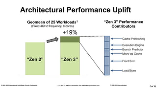 2.7: “Zen 3”: AMD 2nd Generation 7nm x86-64 Microprocessor Core
© 2022 IEEE International Solid-State Circuits Conference
7 of 32
Architectural Performance Uplift
"Zen 2" "Zen 3"
+19%
Geomean of 25 Workloads1
(Fixed 4GHz frequency, 8 cores)
“Zen 3” Performance
Contributors
Cache Prefetching
Execution Engine
Branch Predictor
Micro-op Cache
Front End
Load/Store
“Zen 2” “Zen 3”
1. R5K-003 (See endnotes)
 
