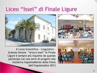 L’iniziativa InquietaMente 2013 si pone gli obiettivi di:
agire le competenze richieste nel mondo del lavoro nel
21° secolo attraverso progetti multidisciplinari;
sperimentare nuove tecnologie e modelli didatticisperimentare nuove tecnologie e modelli didattici
innovativi (MOOC, Flip Teaching, etc);
fornire agli istituti di istruzione secondaria accesso a
selezionate esperienze di apprendimento.
46
 