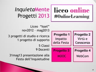InquietaInquieta MenteMente
ProgrammaProgramma 20132013
Progetto 1Progetto 1 Progetto 2Progetto 2
Liceo “Issel” di Finale Ligure
nov2012 – mag2013
3 progetti di studio e ricerca
49
Progetto 1Progetto 1
Progetto 4Progetto 4
Progetto 2Progetto 2
Impatto
della Festa
Virtù e
Conoscenza
WebCom
Progetto 3Progetto 3
MOOC
3 progetti di studio e ricerca
1 progetto di supporto
5 Classi (II C, III E, IV D, IV E, IV C)
6 Docenti (M. Gianni, V. Massara, L.
Maule, D. Paola, C. Romeni, G.Russo)
31mag13 presentazione alla
Festa dell’Inquietudine
 