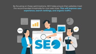 By focusing on these optimizations, SEO helps ensure that websites meet
the recommended thresholds for core web vitals. This will improve user
experience, search rankings, and organic traffic.
 