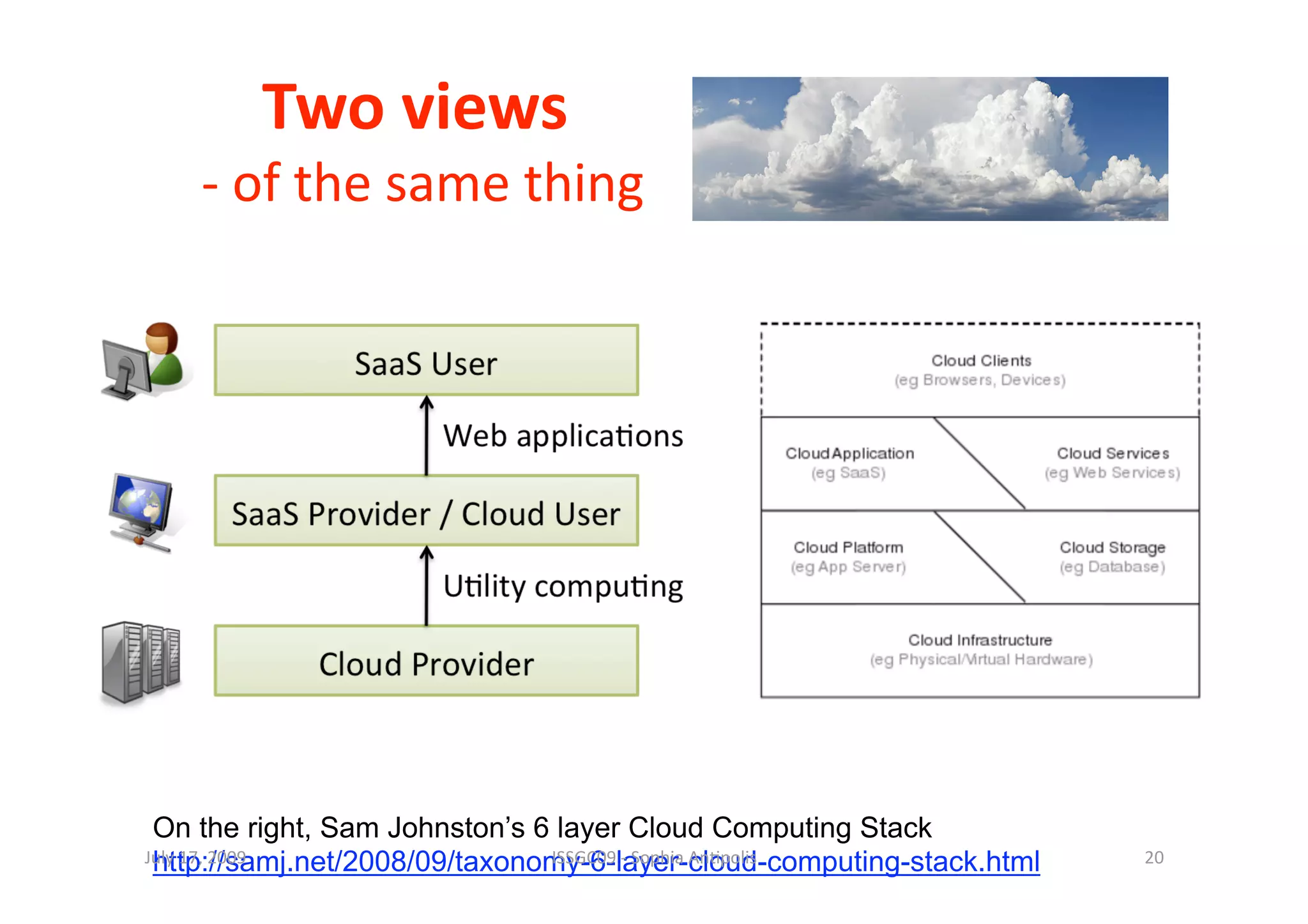 Two views 
                  
    ‐ of the same thing 




 On the right, Sam Johnston’s 6 layer Cloud Computing Stack
 http://samj.net/2008/09/taxonomy-6-layer-cloud-computing-stack.html
July 17, 2009                  ISSGC09 ‐ Sophia An1polis               20 
 