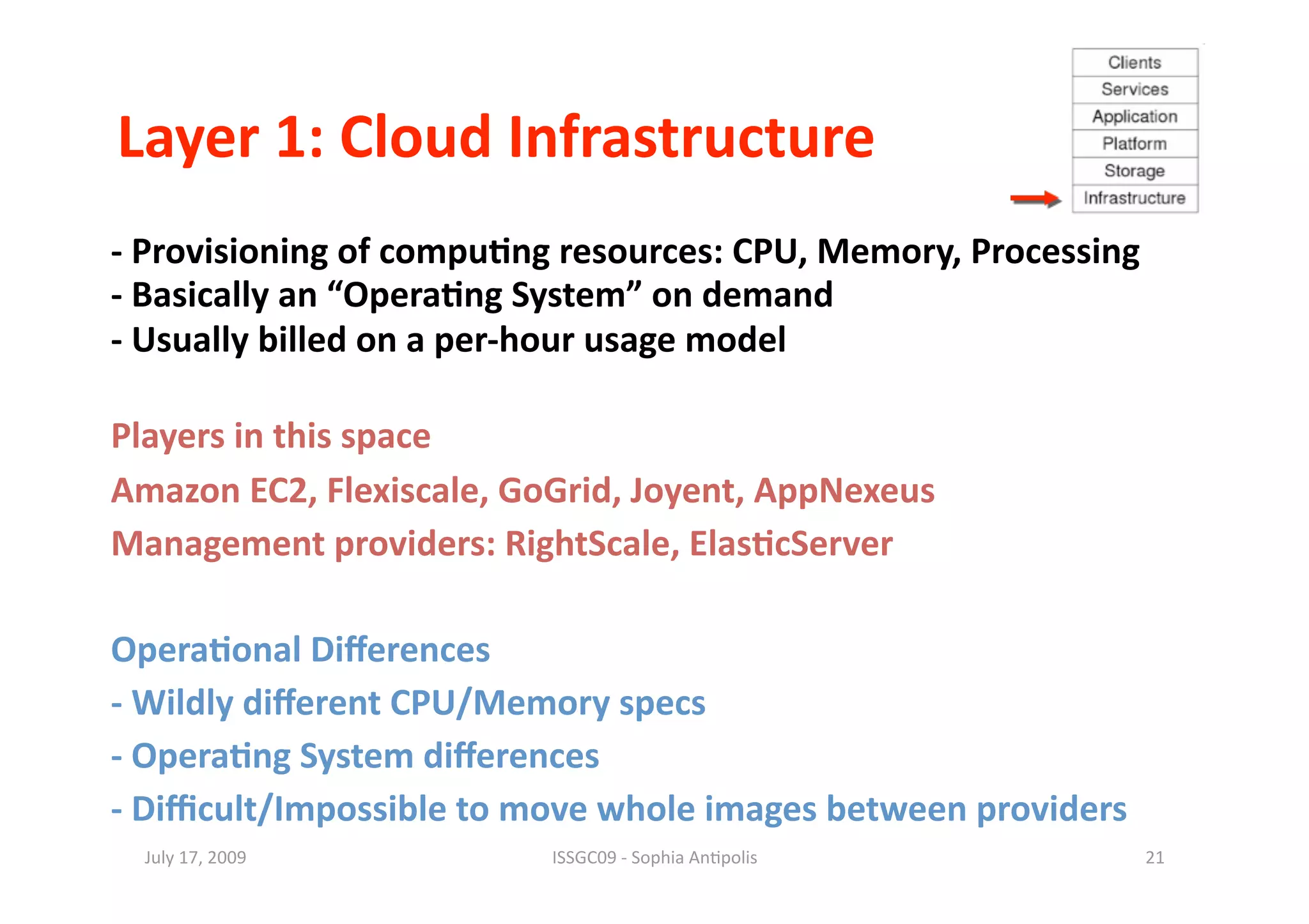Layer 1: Cloud Infrastructure 
‐ Provisioning of compu0ng resources: CPU, Memory, Processing 
‐ Basically an “Opera0ng System” on demand 
‐ Usually billed on a per‐hour usage model 

Players in this space 
Amazon EC2, Flexiscale, GoGrid, Joyent, AppNexeus 
Management providers: RightScale, Elas0cServer 

Opera0onal Diﬀerences 
‐ Wildly diﬀerent CPU/Memory specs 
‐ Opera0ng System diﬀerences 
‐ Diﬃcult/Impossible to move whole images between providers 
  July 17, 2009           ISSGC09 ‐ Sophia An1polis            21 
 