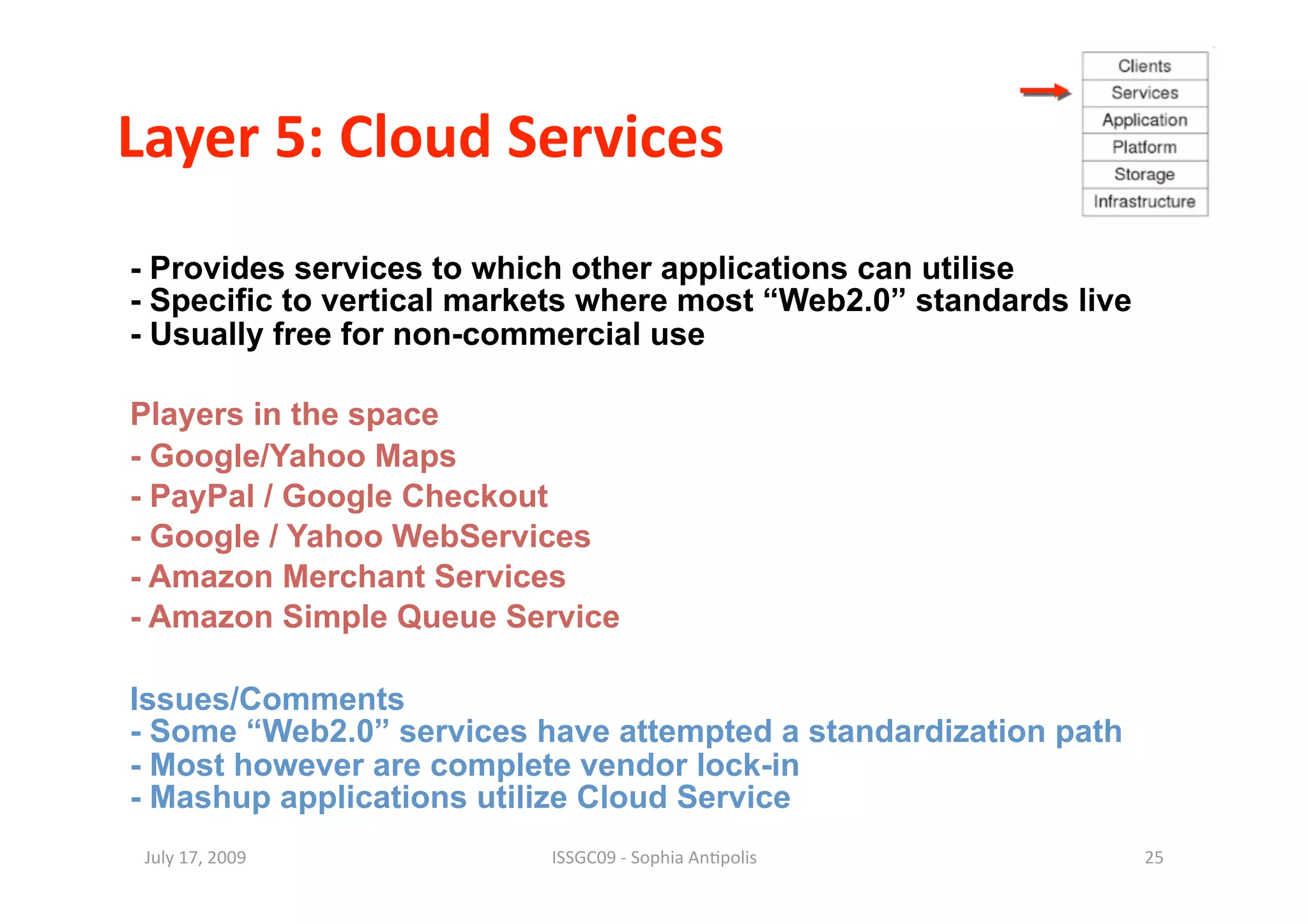 Layer 5: Cloud Services 
- Provides services to which other applications can utilise
- Specific to vertical markets where most “Web2.0” standards live
- Usually free for non-commercial use

Players in the space
- Google/Yahoo Maps
- PayPal / Google Checkout
- Google / Yahoo WebServices
- Amazon Merchant Services
- Amazon Simple Queue Service

Issues/Comments
- Some “Web2.0” services have attempted a standardization path
- Most however are complete vendor lock-in
- Mashup applications utilize Cloud Service
 July 17, 2009             ISSGC09 ‐ Sophia An1polis                25 
 