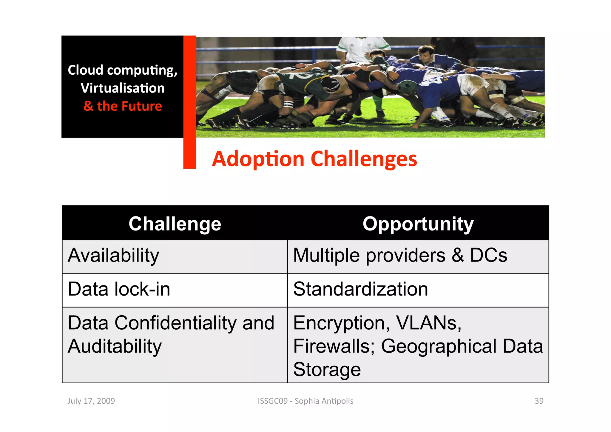 Cloud compu0ng, 
  Virtualisa0on 
  & the Future 


                         Adop0on Challenges 

                 Challenge                                Opportunity
Availability                          Multiple providers & DCs
Data lock-in                          Standardization
Data Conﬁdentiality and Encryption, VLANs,
Auditability            Firewalls; Geographical Data
                        Storage
July 17, 2009                ISSGC09 ‐ Sophia An1polis                  39 
 