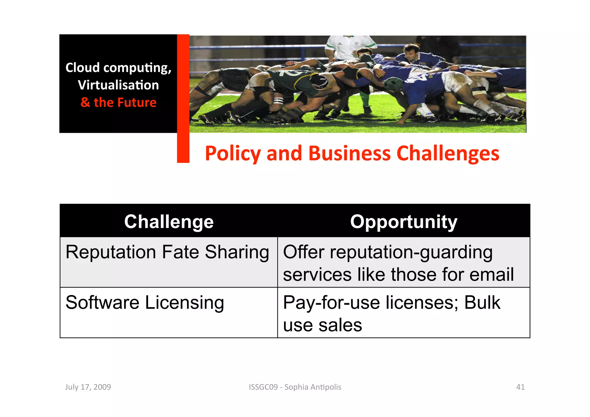 Cloud compu0ng, 
  Virtualisa0on 
  & the Future 


                         Policy and Business Challenges 

                 Challenge                                Opportunity
Reputation Fate Sharing Offer reputation-guarding
                        services like those for email
Software Licensing      Pay-for-use licenses; Bulk
                        use sales


July 17, 2009                ISSGC09 ‐ Sophia An1polis                  41 
 