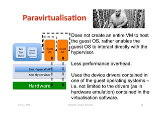 Paravirtualisa0on 
                                              Does not create an entire VM to host
                                              the guest OS, rather enables the
 Xen                     Guest    Guest 
                                              guest OS to interact directly with the
            Device 
Tool        Drivers       OS       OS         hypervisor.
Stack  


                                              Less performance overhead.
            Xen Hypercall API 
           Xen Hypervisor                     Uses the device drivers contained in
                                              one of the guest operating systems –
           Hardware                           i.e. not limited to the drivers (as in
                                              hardware emulation) contained in the
                                              virtualisation software.
July 17, 2009                              ISSGC09 ‐ Sophia An1polis            15 
 
