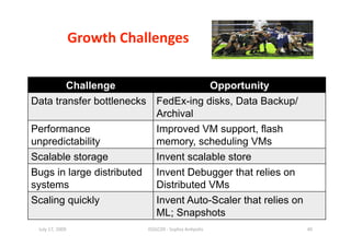 Growth Challenges 


        Challenge                     Opportunity
Data transfer bottlenecks FedEx-ing disks, Data Backup/
                          Archival
Performance               Improved VM support, flash
unpredictability          memory, scheduling VMs
Scalable storage          Invent scalable store
Bugs in large distributed Invent Debugger that relies on
systems                   Distributed VMs
Scaling quickly           Invent Auto-Scaler that relies on
                          ML; Snapshots
 July 17, 2009               ISSGC09 ‐ Sophia An1polis        40 
 