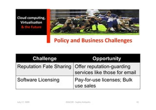 Cloud compu0ng, 
  Virtualisa0on 
  & the Future 


                         Policy and Business Challenges 

                 Challenge                                Opportunity
Reputation Fate Sharing Offer reputation-guarding
                        services like those for email
Software Licensing      Pay-for-use licenses; Bulk
                        use sales


July 17, 2009                ISSGC09 ‐ Sophia An1polis                  41 
 