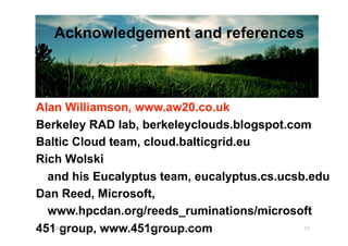 Acknowledgement and references



Alan Williamson, www.aw20.co.uk
Berkeley RAD lab, berkeleyclouds.blogspot.com
Baltic Cloud team, cloud.balticgrid.eu
Rich Wolski
     and his Eucalyptus team, eucalyptus.cs.ucsb.edu
Dan Reed, Microsoft,
     www.hpcdan.org/reeds_ruminations/microsoft
451 group, www.451group.com
July 17, 2009         ISSGC09 ‐ Sophia An1polis  57 
 
