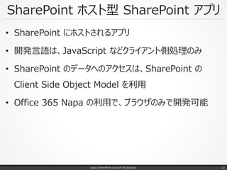 SharePoint ホスト型 SharePoint アプリ
Japan SharePoint Group#18 @Osaka. 22
• SharePoint にホストされるアプリ
• 開発言語は、JavaScript などクライアント側処理のみ
• SharePoint のデータへのアクセスは、SharePoint の
Client Side Object Model を利用
• Office 365 Napa の利用で、ブラウザのみで開発可能
 