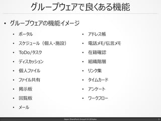 グループウェアで良くある機能
• グループウェアの機能イメージ
Japan SharePoint Group#18 @Osaka.
• ポータル
• スケジュール（個人・施設）
• ToDo/タスク
• ディスカッション
• 個人ファイル
• ファイル共有
• 掲示板
• 回覧板
• メール
• アドレス帳
• 電話メモ/伝言メモ
• 在籍確認
• 組織階層
• リンク集
• タイムカード
• アンケート
• ワークフロー
3
 