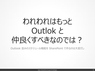 われわれはもっと
Outlok と
仲良くすべきなのでは？
Outlook 並みのスケジュール機能を SharePoint で作るのは大変だし
Japan SharePoint Group#18 @Osaka. 35
 