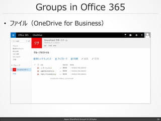 Groups in Office 365
• ファイル（OneDrive for Business）
Japan SharePoint Group#18 @Osaka. 38
 