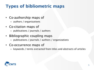 Types of bibliometric maps
• Co-authorship maps of
– authors / organizations
• Co-citation maps of
– publications / journals / authors
• Bibliographic coupling maps
– publications / journals / authors / organizations
• Co-occurrence maps of
– keywords / terms extracted from titles and abstracts of articles
5
 