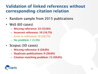 Validation of linked references without
corresponding citation relation
• Random sample from 2015 publications
• WoS (60 cases)
– Missing reference: 33 (55.0%)
– Incorrect reference: 10 (16.7%)
– Error in reference: 16 (26.7%)
– No problem: 1 (1.5%)
• Scopus (30 cases)
– Missing reference: 6 (20.0%)
– Duplicate publications: 9 (30.0%)
– Citation matching problem: 15 (50.0%)
11
 