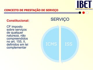 CONCEITO DE PRESTAÇÃO DE SERVIÇO   Constitucional: CF imposto sobre serviços de qualquer natureza, não compreendidos no art. 155, II, definidos em lei complementar ICMS ISS SERVIÇO 
