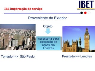 Proveniente do Exterior ISS importação de serviço Assessoria para colocação de ações em Londres Prestador=> Londres Tomador =>  São Paulo Objeto 