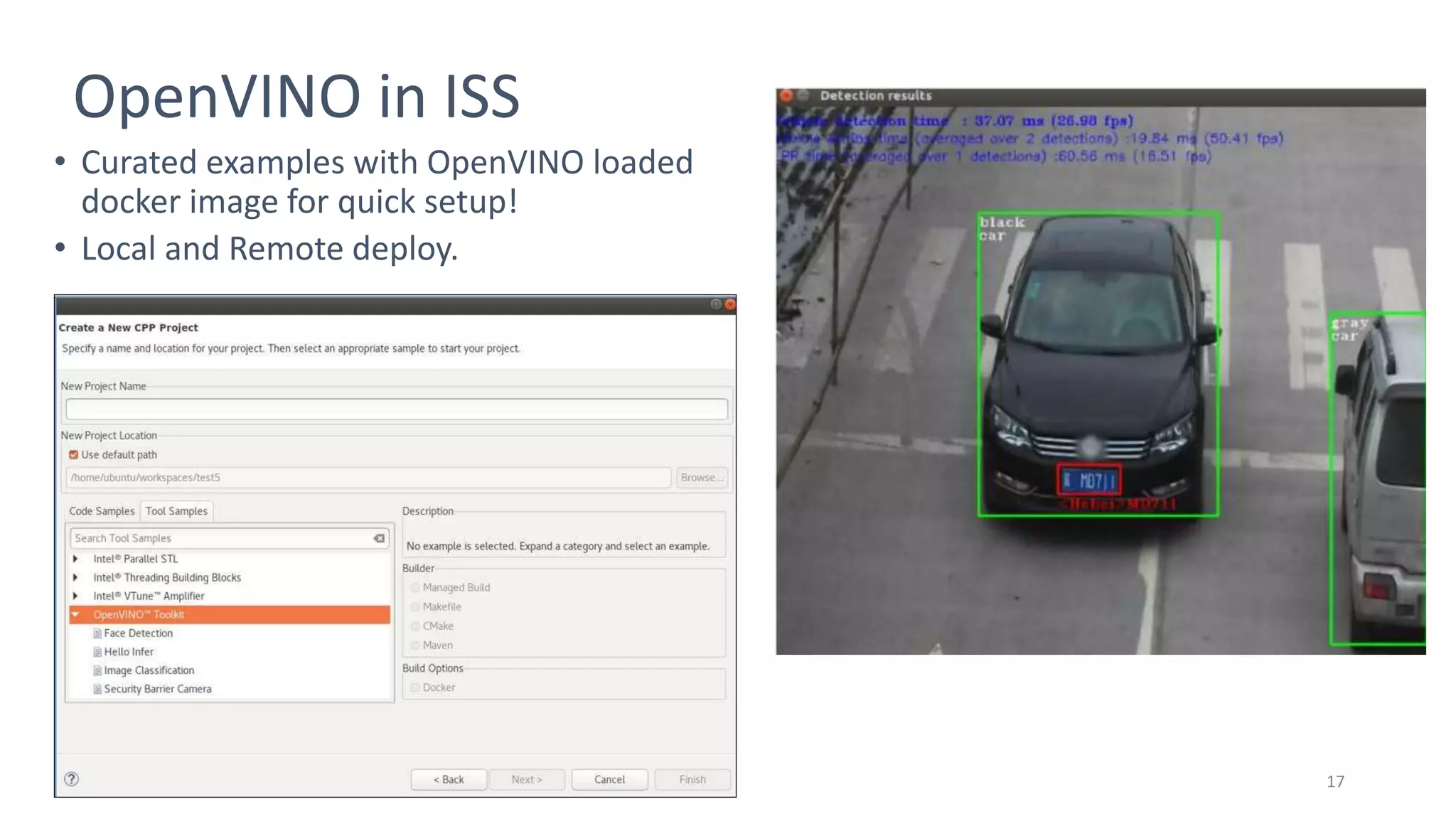 Intel Confidential Only - Do Not Forward 17
OpenVINO in ISS
• Curated examples with OpenVINO loaded
docker image for quick setup!
• Local and Remote deploy.
 