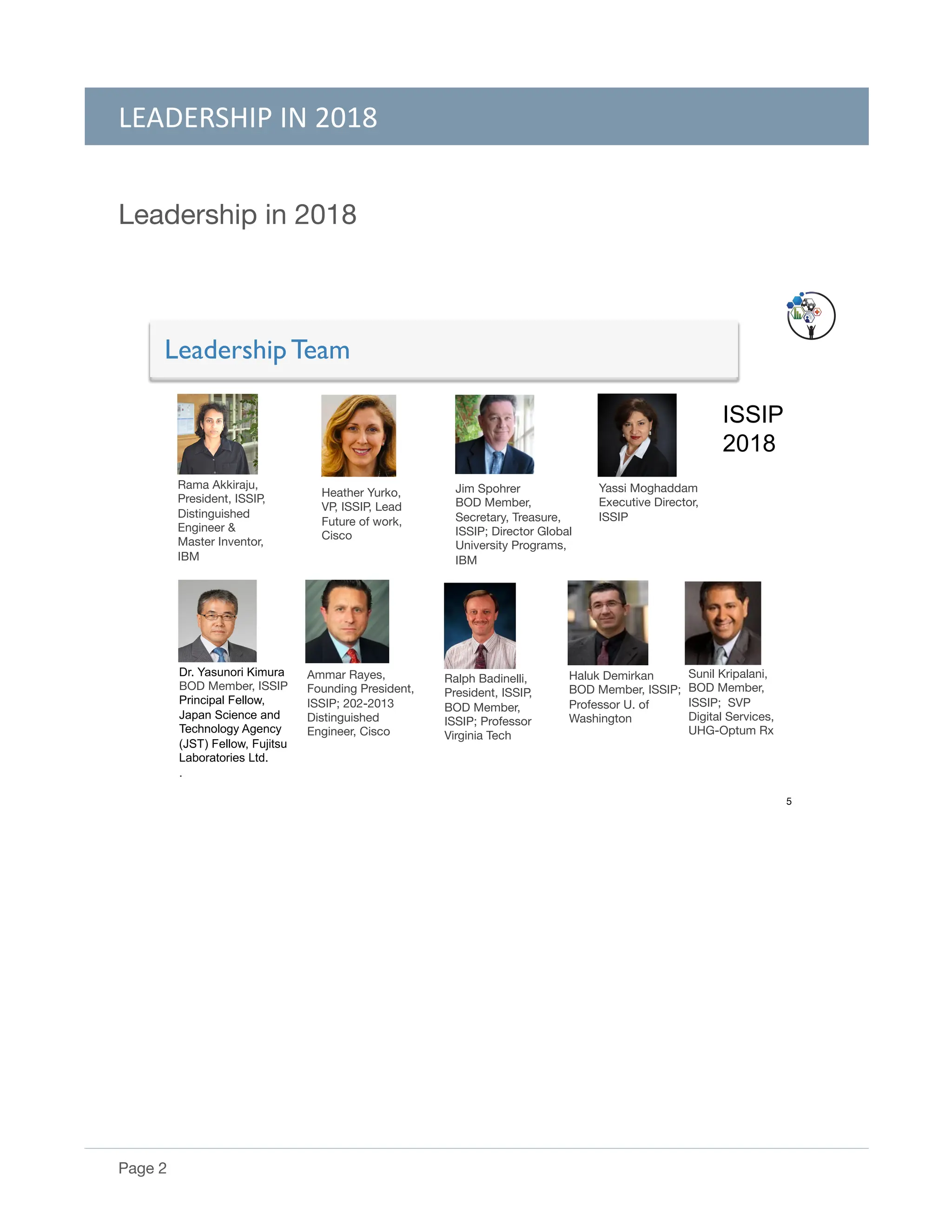 LEADERSHIP IN 2018
Page 2
Leadership in 2018
Ammar Rayes,
Founding President,
ISSIP; 202-2013
Distinguished
Engineer, Cisco
Haluk Demirkan
BOD Member, ISSIP;
Professor U. of
Washington
Jim Spohrer
BOD Member,
Secretary, Treasure,
ISSIP; Director Global
University Programs,
IBM
Yassi Moghaddam
Executive Director,
ISSIP
Ralph Badinelli,
President, ISSIP,
BOD Member,
ISSIP; Professor
Virginia Tech
Sunil Kripalani,
BOD Member,
ISSIP; SVP
Digital Services,
UHG-Optum Rx
Dr. Yasunori Kimura
BOD Member, ISSIP
Principal Fellow,
Japan Science and
Technology Agency
(JST) Fellow, Fujitsu
Laboratories Ltd.
.
Rama Akkiraju,
President, ISSIP,
Distinguished
Engineer &
Master Inventor,
IBM
5
Leadership Team
ISSIP
2018
Heather Yurko,
VP, ISSIP, Lead
Future of work,
Cisco
 