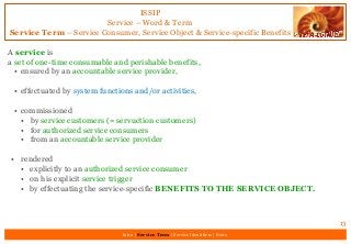 ISSIP
Service – Word & Term
Service Term – Service Consumer, Service Object & Service-specific Benefits
13
A service is
a set of one-time consumable and perishable benefits,
• ensured by an accountable service provider,
• effectuated by system functions and/or activities,
• commissioned
• by service customers (= servuction customers)
• for authorized service consumers
• from an accountable service provider
• rendered
• explicitly to an authorized service consumer
• on his explicit service trigger
• by effectuating the service-specific BENEFITS TO THE SERVICE OBJECT.
Intro | Service Term | Service Identifiers | Extro
 