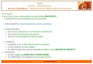 ISSIP
Service – Word & Term
Service Identifiers – Benefit, Service Object & Service Consumer
17
A service is
a set of one-time consumable and perishable BENEFITs,
• ensured by an accountable service provider,
• effectuated by system functions and/or activities,
• commissioned
• by service customers (= servuction customers)
• for authorized service consumers
• from an accountable service provider
• rendered
• explicitly to an authorized service consumer
• on his explicit service trigger
• by effectuating the service-specific benefits to the SERVICE OBJECT
• consumed
• by the triggering SERVICE CONSUMER
• for efficiently executing his upcoming activity.
Intro | Service Term | Service Identifiers | Extro
 