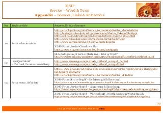 ISSIP
Service – Word & Term
Appendix – Sources, Links & References
29
Intro | Service Term | Service Identifiers | Extro
No. Topic or title Sources, links, references
01 Service characteristics
http://en.wikipedia.org/wiki/Service_(economics)#Service_characteristics
http://busfac32.cob.calpoly.edu/presentations/Sharon_Dobson/Ch08.ppt
http://online.uis.edu/spring2002/bus322/lectures/chap01/sld040.html
http://www.belkcollege.uncc.edu/mjkhouja/02%20Nature.ppt
http://www.learnmarketing.net/servicemarketing.htm
XING-Forum ‚Service-Charakteristika‘
https://www.xing.com/communities/forums/100632561
Slide deck ‚Future of Service Marketing – Trick or Treat?‘
http://www.lovelock.com/associates/images/news/Frontiers2004FutureofServicesMarketing.pdf
02
‚ServQual Model‘
v. Zeithaml, Parasuraman & Berry
http://www.12manage.com/methods_zeithaml_servqual_de.html
http://www.12manage.com/methods_zeithaml_servqual.html
03 Service term, definition
https://www.xing.com/net/pric412f8x/servicialisierung/service-511823/service-klarung-des-
fachbegriffs-29939479/
http://en.wikipedia.org/wiki/Service_(economics)#Service_definition
XING-Forum‚Service-Begriff – Definierung & Erläuterung‘
https://www.xing.com/communities/posts/service-begriff-definierung-und-erlaeuterung-1005384609
XING-Forum ‚Service-Begriff – Abgrenzung & Einordnung‘
https://www.xing.com/communities/posts/service-begriff-abgrenzung-und-einordnung-1005384610
XING-Forum ‚Service-Begriff – Wortherkunft , Wortbedeutung & Wortgebrauch‘
https://www.xing.com/communities/posts/service-wortherkunft-wortbedeutung-und-wortgebrauch-1005384605
 