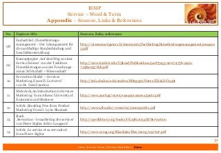 ISSIP
Service – Word & Term
Appendix – Sources, Links & References
31
Intro | Service Term | Service Identifiers | Extro
No. Topic or title Sources, links, references
08
Fachartikel ‚ Dienstleistungs-
management – Der Lösungsansatz für
die nachhaltige Kundenbindung und
Geschäftsentwicklung‘
http://wissensnavigator.ch/documents/FachbeitragDienstleistungsmanagement2004120
3.pdf
09
Konzeptpapier ‚Auf dem Weg zu einer
Service Science‘ von der Taskforce
Dienstleistungen aus der Forschungs-
union ‚Wirtschaft – Wissenschaft‘
http://www.ksri.kit.edu/Upload/Publications/92d75a33-9e07-473b-9091-
7398a0557f0b.pdf
10
Servuction Model – ‚Services
Marketing, Exam II, Lecture 6'
von Dr. David Andrus
http://info.cba.ksu.edu/andrus/Mktg546/Notes/EX2LEC6.ppt
11
Slide deck‚An Introduction to Services
Marketing‘ from Athens University of
Economics and Business
http://www.aueb.gr/users/esaopa/courses/part2.pdf
12
Article ‚Breaking Free from Product
Marketing‘ from G. Lynn Shostack
http://www2.fiu.edu/~ereserve/010019208-1.pdf
13
Book
‚Servuction - le marketing des services‘
von Pierre Eiglier & Eric Langeard
http://openlibrary.org/books/OL19821054M/Servuction
14
Article ‚Le service et sa servuction‘
from Pierre Eiglier
http://www.cerog.org/fileadmin/files/cerog/wp/627.pdf
 