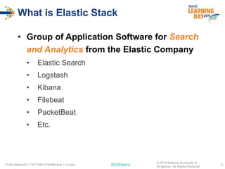 #ISSlearn
What is Elastic Stack
• Group of Application Software for Search
and Analytics from the Elastic Company
• Elastic Search
• Logstash
• Kibana
• Filebeat
• PacketBeat
• Etc.
4(Total Slides=8) T:S-ITSM-FOMModule 1 v3.pptx
© 2016 National University of
Singapore. All Rights Reserved
 