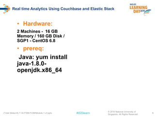 #ISSlearn
Real time Analytics Using Couchbase and Elastic Stack
• Hardware:
2 Machines - 16 GB
Memory / 160 GB Disk /
SGP1 - CentOS 6.8
• prereq:
Java: yum install
java-1.8.0-
openjdk.x86_64
8(Total Slides=8) T:S-ITSM-FOMModule 1 v3.pptx
© 2016 National University of
Singapore. All Rights Reserved
 