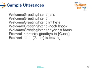 #ISSlearn#ISSlearn
Sample Utterances
WelcomeGreetingIntent hello
WelcomeGreetingIntent hi
WelcomeGreetingIntent I'm here
WelcomeGreetingIntent knock knock
WelcomeGreetingIntent anyone's home
FarewellIntent say goodbye to {Guest}
FarewellIntent {Guest} is leaving
39
 