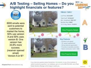 © 2017 National University of Singapore. All Rights Reserved#ISSlearn © 2017 National University of Singapore. All Rights Reserved
A/B Testing – Selling Homes – Do you
highlight financials or features?
23
8000 emails were
sent to potential
customers to
market the home.
50% use version
A and 50% uses
version B. One
version has
33.8% more
success.
(receiver opened
email)
Version A or B?
Adapted from www.behave.org
 