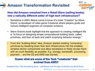 © 2017 National University of Singapore. All Rights Reserved#ISSlearn © 2017 National University of Singapore. All Rights Reserved
Amazon Transformation Revisited
48
How did Amazon morphed from a Retail Store (selling books)
into a radically different seller of high tech infrastructure?
• Sometime in 2003: Bezos come to know of a book “Creation” by Steve
Grand. (a developer of video game Creatures where players guide and
nurture intelligent organism on computer screens).
• Steve Grand’s book highlight that the approach to creating intelligent life
is “to focus on designing simple computational building block, called
primitives, and then sit back and watch surprising behavior emerge.”
Adapted from: The Everything Store - Jeff Bezos and The Age of Amazon by Brad Stone
• From this “building block” idea, Amazon started creating “computing”
primitives by breaking down their tech infrastructure into the smallest,
simplest atomic components and allow developers to freely access them
with as much flexibility as possible. E.g. storage, bandwidth, processing,
payment… and the S3 and AWS was borned.
 