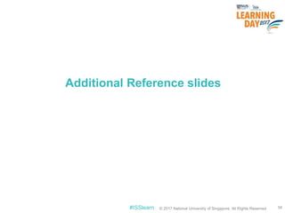 © 2017 National University of Singapore. All Rights Reserved#ISSlearn © 2017 National University of Singapore. All Rights Reserved
Additional Reference slides
56
 